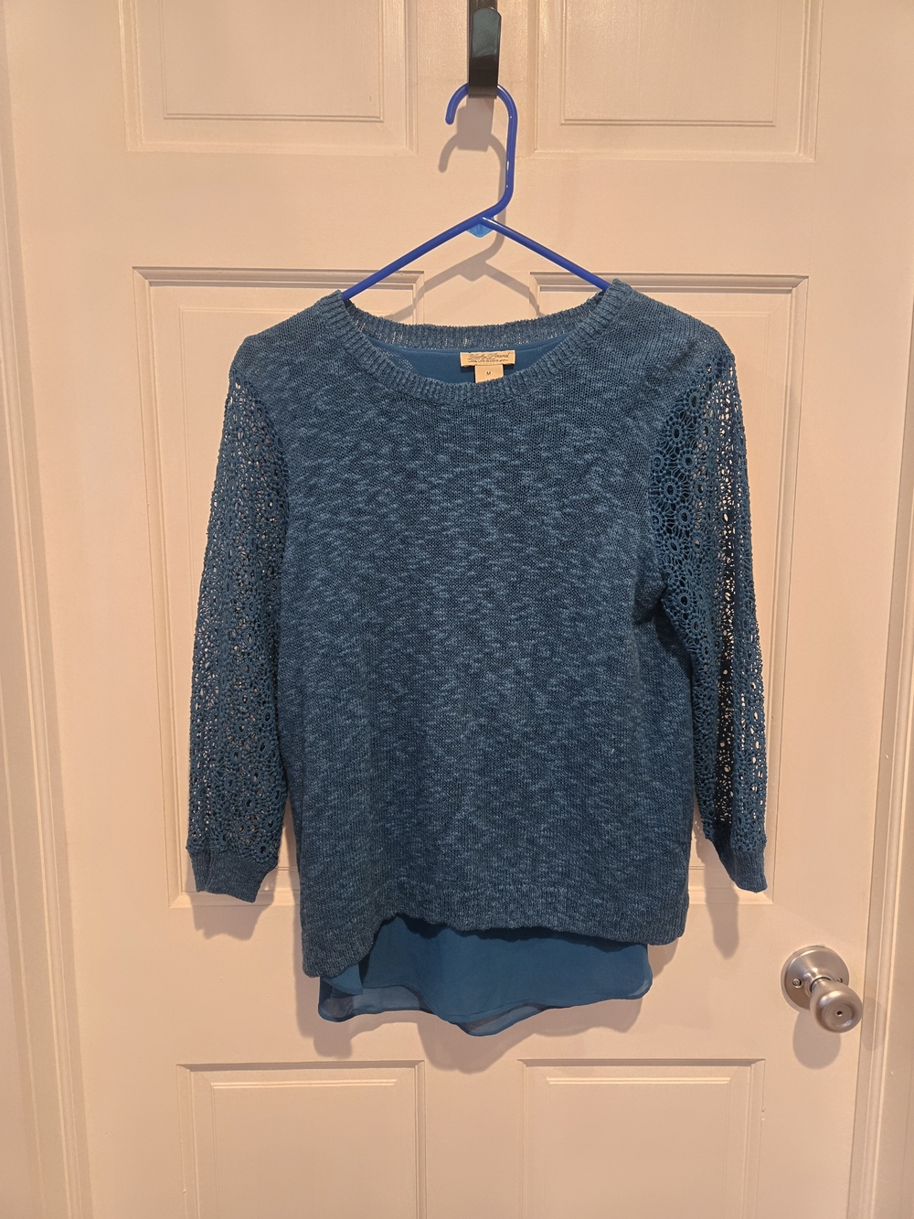 Lucky Brand Teal Layered Knit Sweater with Crochet Sleeves